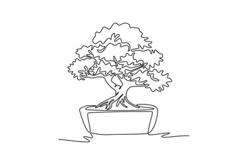 Single one line drawing beautiful and exotic Japanese bonsai tree. Decorative little banyan tree on tree concept for greeting post card. Modern continuous line draw design graphic vector illustration