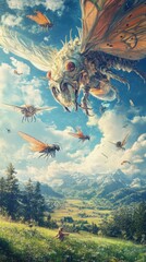 Fototapeta premium Giant moth monster flies over idyllic valley.