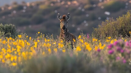 Plains Zebra in Wildflower Meadow at Sunset