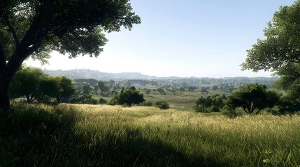 Obraz premium Panoramic Summer Valley Landscape With Trees And Dry Grass