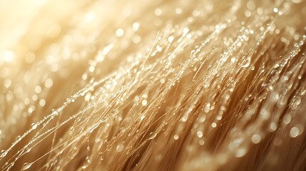 Close-up of glistening water droplets on golden grass blades illuminated by soft sunlight