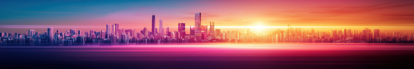 Fototapeta premium Vibrant city skyline at sunset with glowing light trails