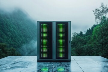 Two illuminated server racks stand on a platform overlooking a misty green mountain landscape.
