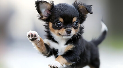 A small black and white puppy is running and waving its paw. generated using AI