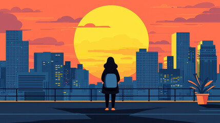 person standing on rooftop at sunset, gazing at city skyline