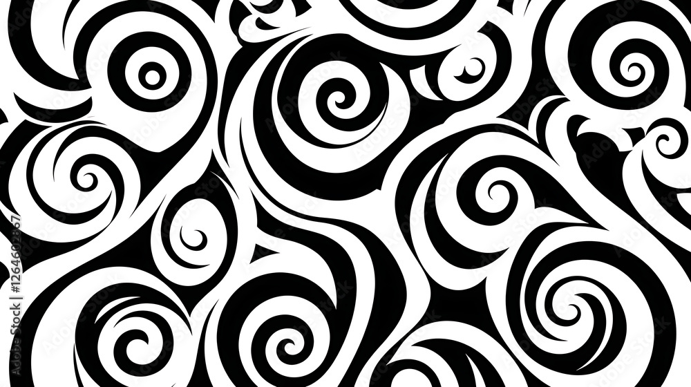 Poster swirling black and white pattern abstract art design with dynamic curves and spirals seamless textur