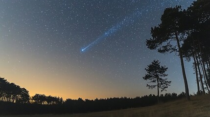 Night sky with shooting star over silhouetted trees.