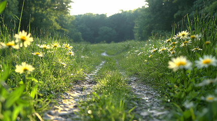 Obraz premium Gravel path winds through a lush green meadow filled with blooming white wildflowers under bright natural daylight.