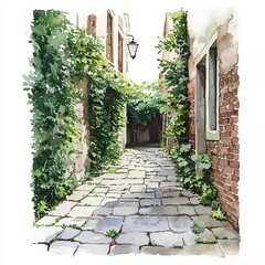 Watercolor painting of a forgotten alleyway with overgrown vines and cracked pavement