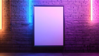 Blank poster in neon lit urban brick wall