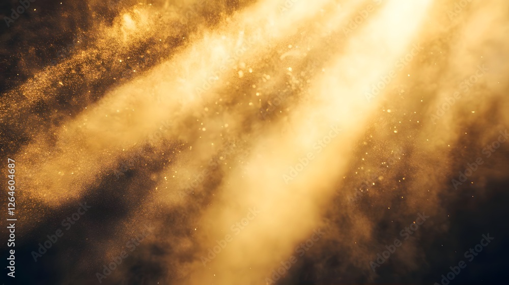 Poster golden rays of sunlight breaking through a misty atmosphere, creating a serene and ethereal scene