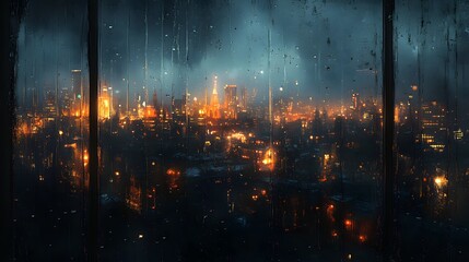 Fototapeta premium Rainy night cityscape seen through window, urban atmosphere evokes nostalgia