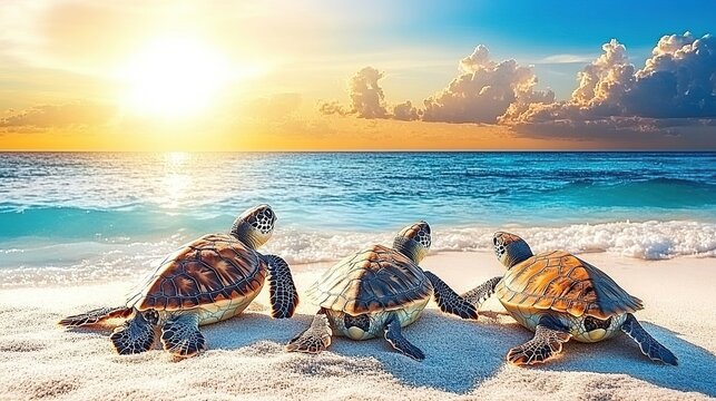 Sunrise beach turtles ocean sunset tropical wildlife