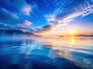 Obraz premium Serene Ocean Fog: Soft Light, Calm Blue Waters, Peaceful Atmosphere Stock Photo