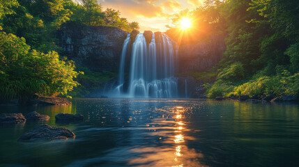 Waterfall illuminated by golden hour light, surrounded by tropical greenery