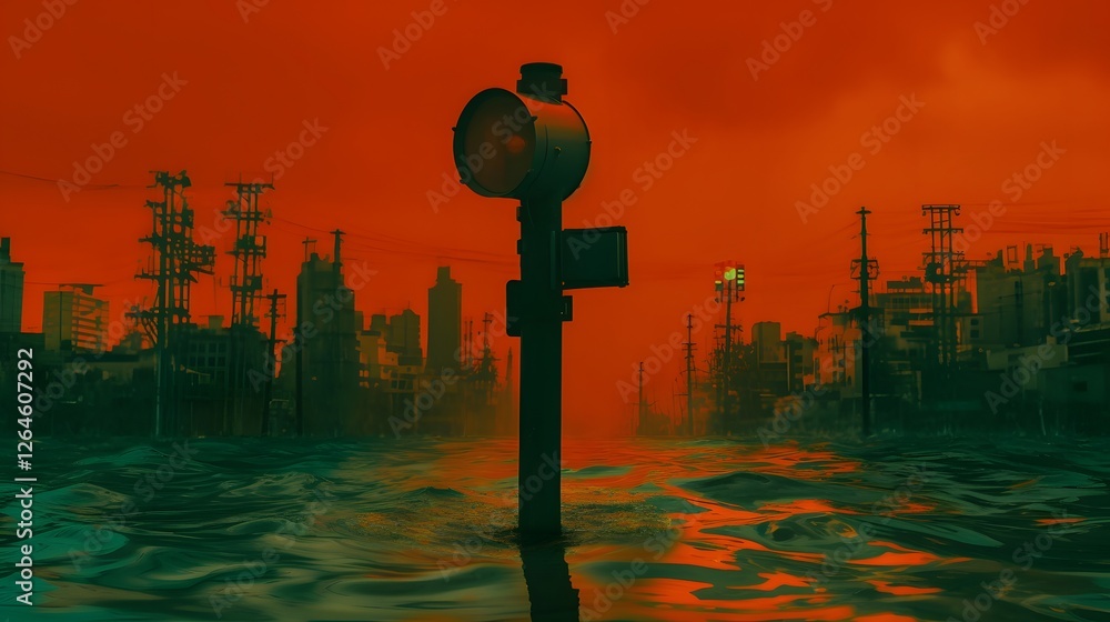 Poster a traffic light barely visible above floodwaters with a submerged cityscape in the background