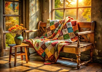 Vintage Rustic Wooden Bench with Beautifully Patterned Quilt
