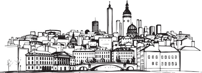 Fototapeta premium City landscape. Different buildings on street, outline cityscape hand sketch, flat houses. Hand drawn vector illustration