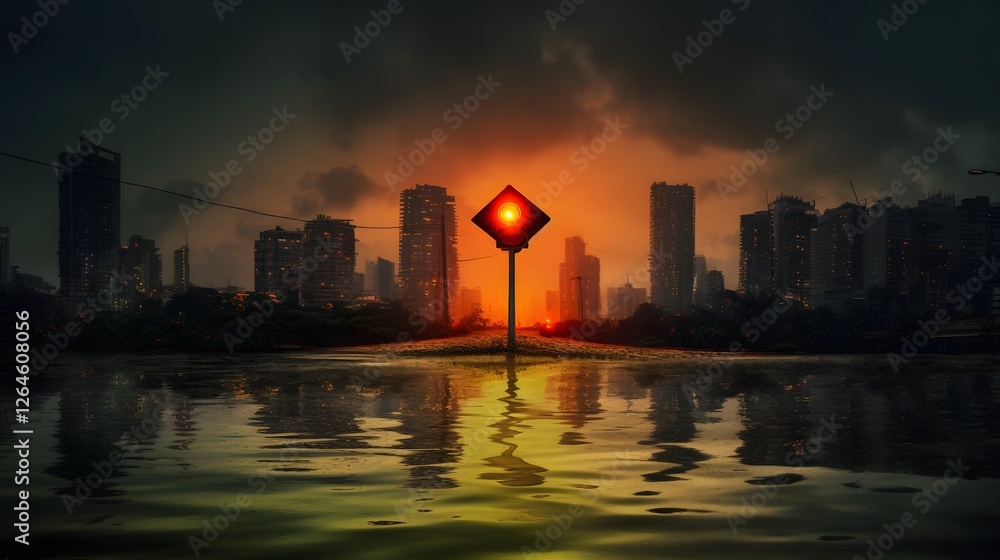 Poster a submerged traffic light barely visible above floodwaters with a drowned cityscape of skyscrapers a