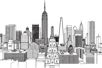 City landscape. Different buildings on street, outline cityscape hand sketch, flat houses. Hand drawn vector illustration