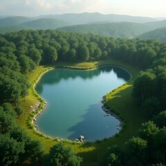 Heart-shaped lake surrounded by lush green forest and hills