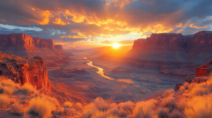 Fototapeta premium Arid canyon with dramatic red rock formations, bathed in the golden light of the setting sun