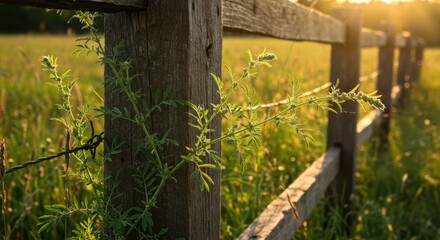 Fototapeta premium Sunlit wooden fence adorned with green vines, set in a serene grassy field at sunset
