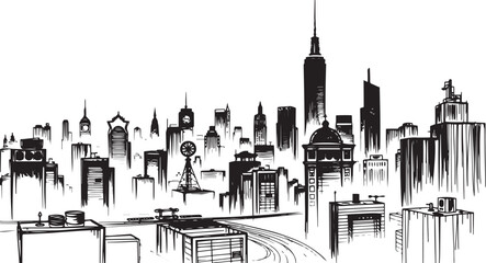 Fototapeta premium City landscape. Different buildings on street, outline cityscape hand sketch, flat houses. Hand drawn vector illustration