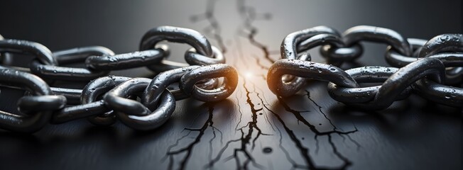 Breaking metal chain with light and cracks on dark background
