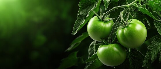 A close-up of a tomato plant with three ripe, green tomatoes hanging from the vine.