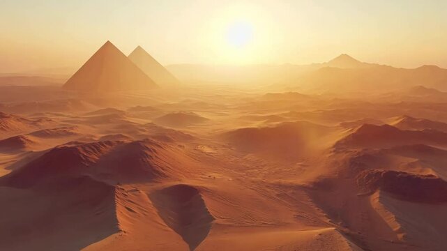 Surreal sunrise over golden desert dunes