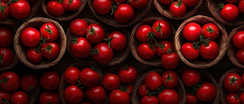 A collection of ripe, red tomatoes in various baskets.