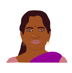 Indian woman wearing traditional clothes, saree, face portrait avatar. Attractive dark skin lady, cartoon female character. Flat colorful vector illustration isolated on transparent background.