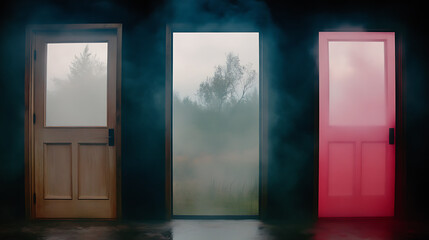 Three Mysterious Doors Beckoning Different Fates with a Misty Ambience and Varying Hues of Light