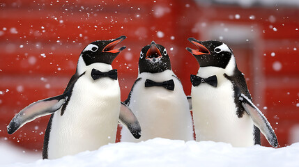 Three Penguins Dressed Elegantly in Bow Ties Singing Together in a Winter Wonderland Scene