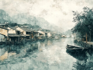 Fototapeta premium Interesting drawing. traditional Japanese landscape, with lots of Japanese symbols. Generative Ai