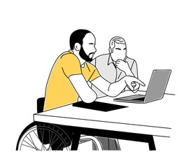 Two business men working together on laptop, sitting at the office desk. Disabled person in wheelchair. Inclusive Business team concept. Vector outline drawing Isolated on transparent background.