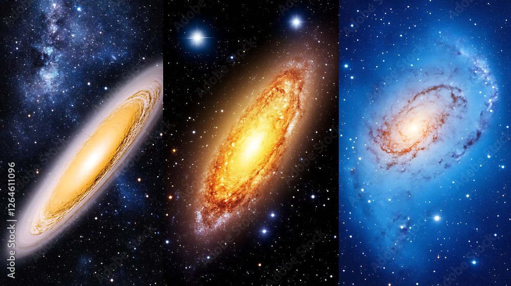 Poster Three Unique Galaxies Displaying Different Perspectives of Vast Cosmic Structures and Celestial Formations