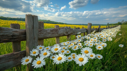 Fototapeta premium Field of daisies with a rustic fence stretching into the distance