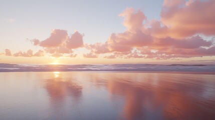 Obraz premium Serene sunset over calm ocean waters reflecting pink and orange hues, creating a tranquil atmosphere