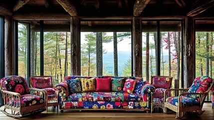 Obraz premium Colorful patchwork sofa in rustic cabin, forest view, home decor