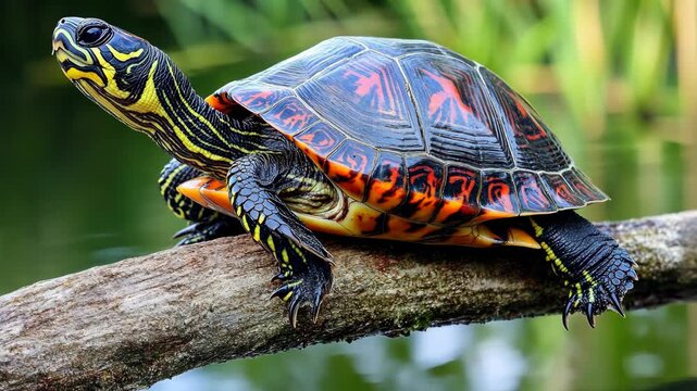 A colorful turtle with intricate patterns rests on a branch, showcasing its vibrant shell and natural beauty