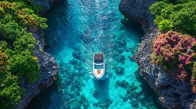 Tropical Getaway:Luxury Yacht Navigating Crystal Clear Waters: An aerial view captures a sleek yacht gliding through a narrow channel of vibrant turquoise water, surrounded by lush tropical foliage.
