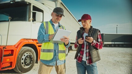 Caucasian woman and male standing next to each other. Man listening to female trucker talking after finishing delivery to requested location. Filling in data on notebook. Truck in background.