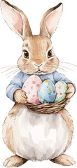 Watercolor Cute Easter Bunny With Easter Eggs Vector Illustration.