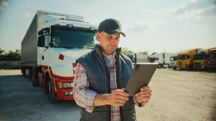 Front camera view of Caucasian male standing in front of parking lot filled with trucks. Typing...