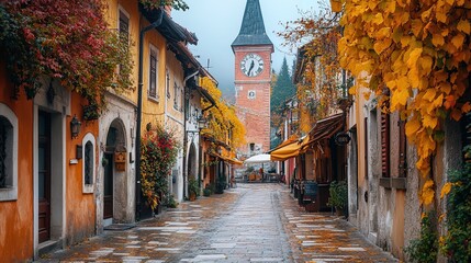 Fototapeta premium Classic clock tower in a charming European town square 