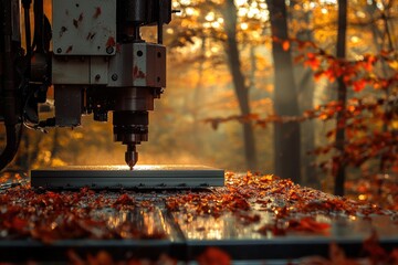 CNC machine precisely cuts a surface outdoors, autumn leaves scattered around.