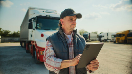 Front camera view of Caucasian male standing in front of parking lot filled with trucks. Typing something on touch screen of tablet device. Looking around while entering information about deliveries.