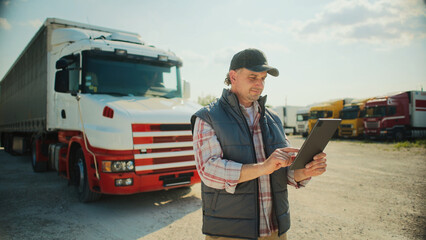Handsome Caucasian trucker standing in front of long truck. Using tablet device while chatting with...